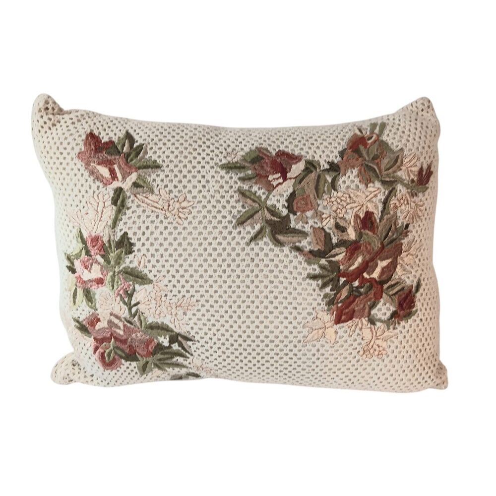 Floral Embroidered Pillow Cream Pink Rust Green Cottagecore Rectangle 15" X 12"